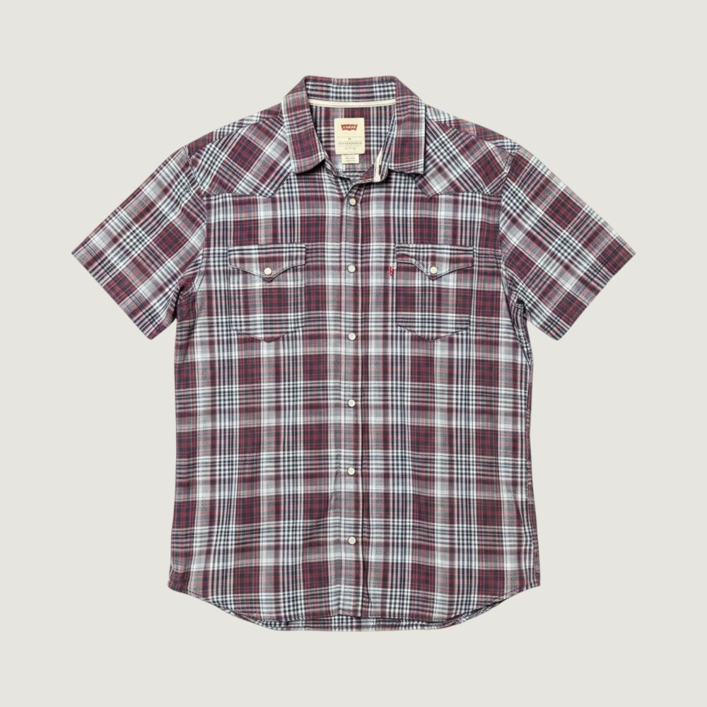 Levis Men XL Short Sleeve Western Plaid Pearl Snap Shirt Red Blue Cowboy Outdoor